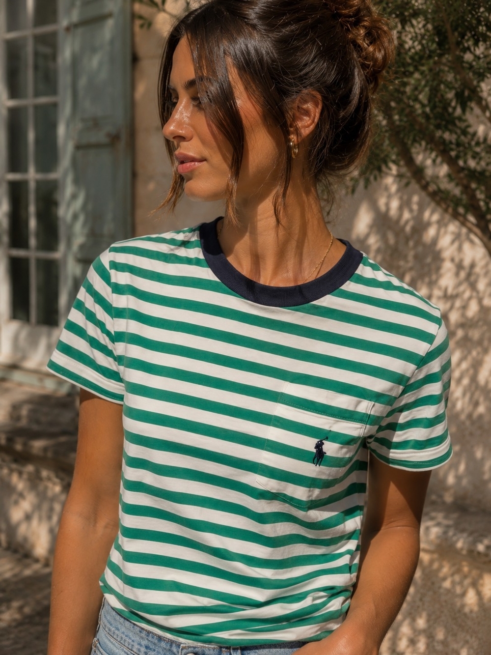 Polo Ralph Lauren Women's S Green White Striped Pocket T Shirt Short Sleeve Pony